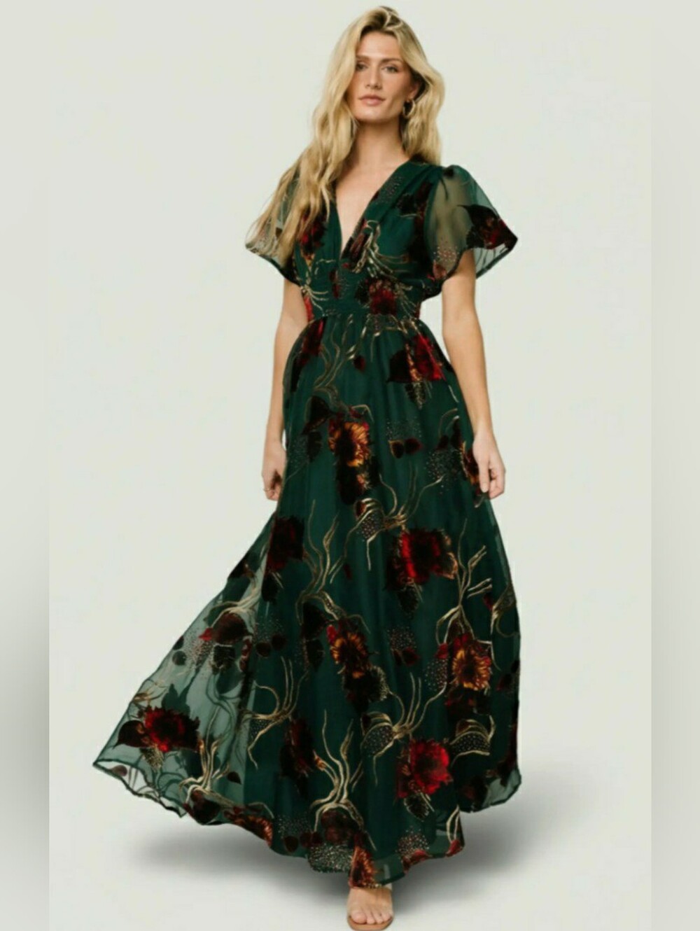 Baltic Born Emerald Green Floral Chiffon V-Neck Flutter Sleeve Maxi Dress, M